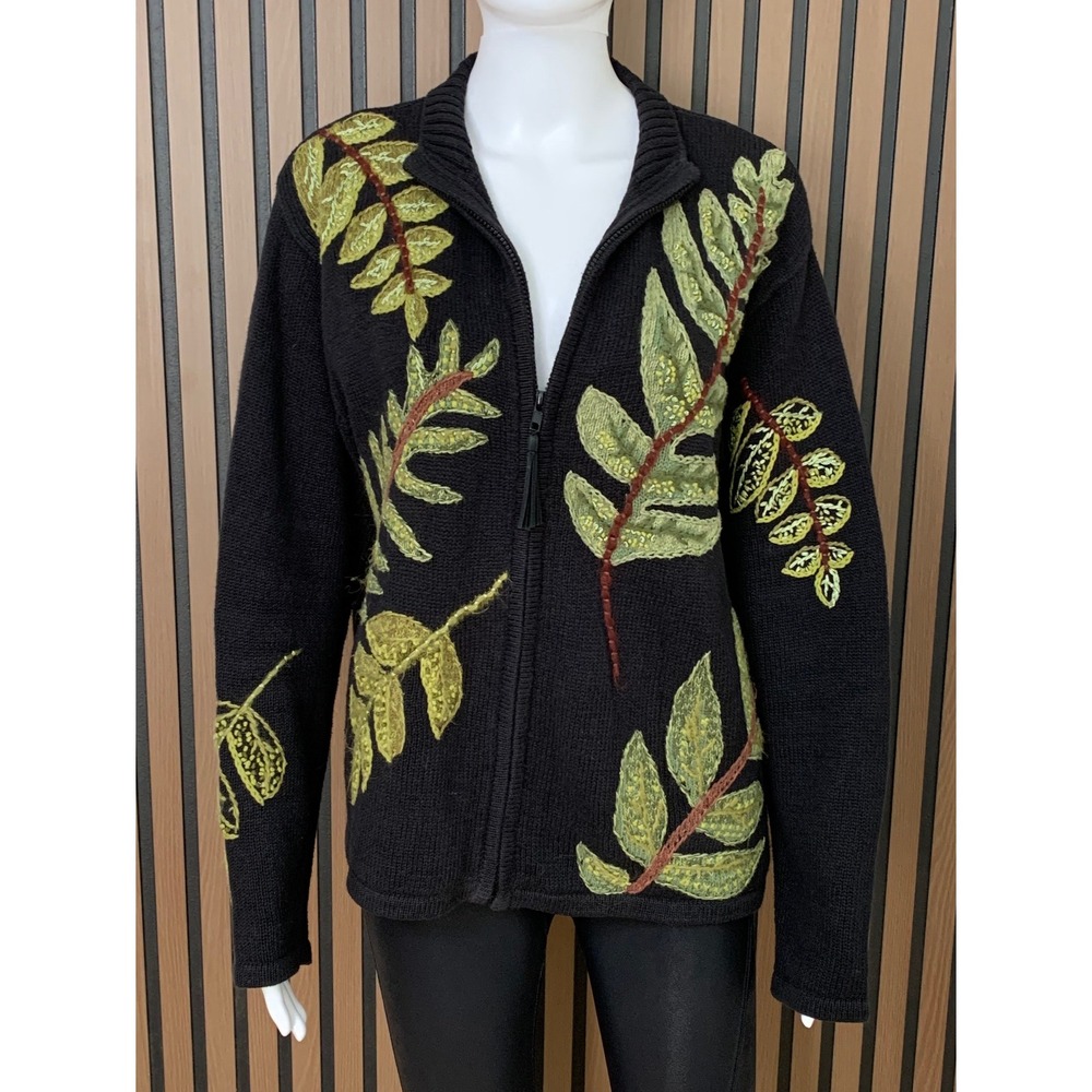 Tiara International Women's L Black Embroidered Leaf Full Zip Cardigan‎ Sweater